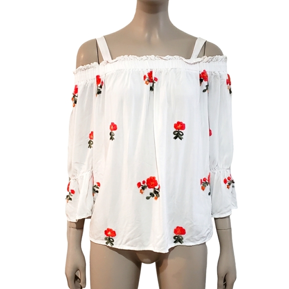 Maurice Womens XS Embroidered Boho Peasant Top Cold Shoulder White Ruffle Sleeve - Picture 1 of 8